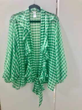 Free People Green Gingham Picnic Plaid Tie Front Shirt Oversized One Size OS.